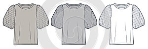 Balloon Sleeve T-Shirt fashion flat technical drawing template. Knit Shirt with poplin sleeves technical fashion illustration