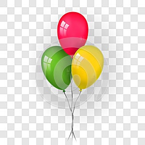 Balloons 3D bunch set, thread, isolated white transparent background. Color glossy flying baloon, ribbon, birthday