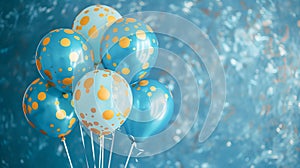 Balloons on a blue background in blue and yellow colors. A card in honor of a Boy's birthday celebration or an