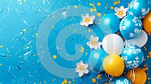 Balloons on a blue background in blue and yellow colors. A card in honor of a Boy's birthday celebration or an
