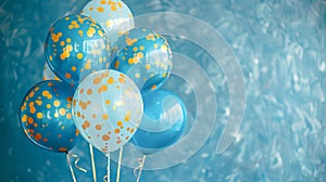 Balloons on a blue background in blue and yellow colors. A card in honor of a Boy's birthday celebration or an