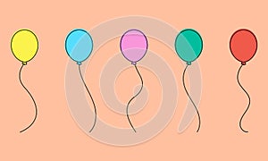 Balloons in cartoon style. Bunch of balloons for birthday and party. Flying ballon with rope. Blue, red, yellow, pink