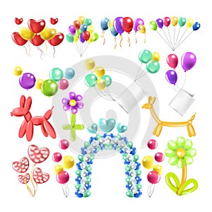 Balloons color glossy inflated in different balloon shape vector icons set