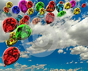 Balloons colors flying on the sky clouds background - 3d rendering