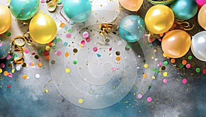 Balloons and confetti border. Birthday or white background