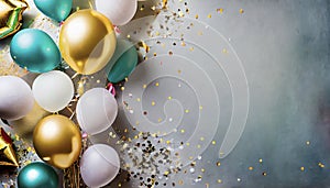 Balloons and confetti border. Birthday or white background