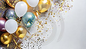 Balloons and confetti border. Birthday or white background
