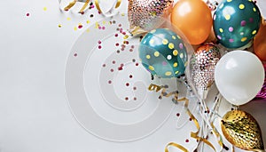 Balloons and confetti border. Birthday or white background