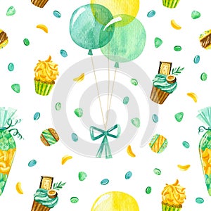 Balloons, confetti, cupcake and macaroons seamless pattern
