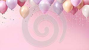 Balloons and confetti on pink background with copy-space