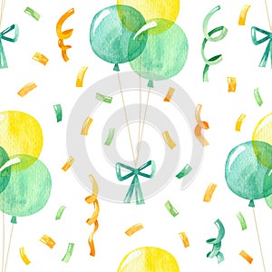 Balloons and Confetti seamless pattern. Birthday color drawing texture.