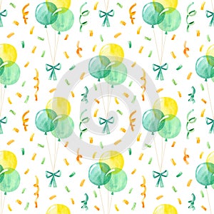 Balloons and Confetti seamless pattern. Birthday color drawing texture.