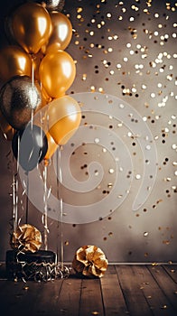 balloons and confetti on a wooden background