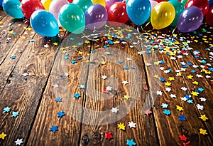 Balloons and confetti on wooden floor