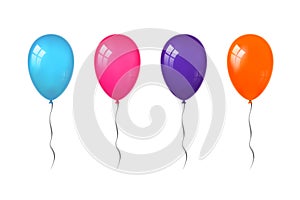 Balloons 3D bunch set, thread, isolated white background. Color glossy flying baloon, ribbon, birthday celebrate photo