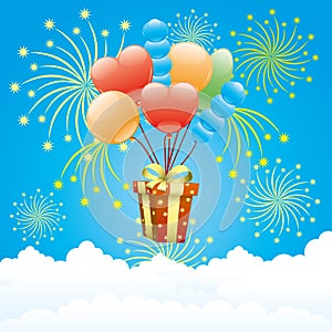 Balloons, firework and gift box.