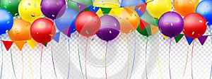 Balloons and flag bunting, confetti in rainbow colors for Celebration, Banner, Birthday, Party, Festive, Anniversary.