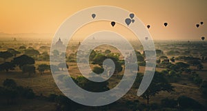 Balloons fly over thousand of temples in sunrise in Bagan, Myanmar