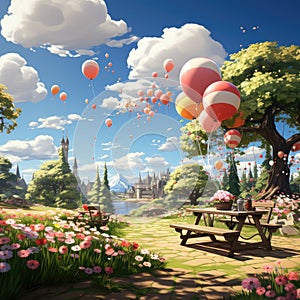 balloons are flying in the sky over a picnic table in a park