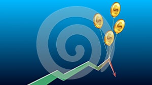 Balloons in form of golden American dollars coins hold falling chart arrow on blue background with copy space. Template for banner