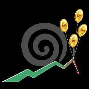 Balloons in form of golden American dollars coins hold falling chart arrow isolated on black background