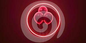 Balloons Illuminated With Neon Red Light Ring On Dark Round Frame