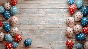 Balloons in the national colors of the American flag on a light wooden background. Holiday card for birthday or holiday