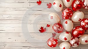 Balloons in the national colors of the Canadian flag on a light wooden background. Holiday card for birthday or holiday