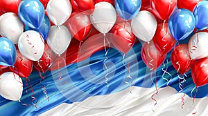 Balloons in the national colors of the Russian flag. Balloons in red, blue, white colors on the background of the Russian flag.