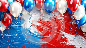 Balloons in the national colors of the Russian flag. Balloons in red, blue, white colors on the background of the Russian flag.