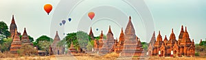 Balloons over Temples in Bagan. Myanmar. Panorama