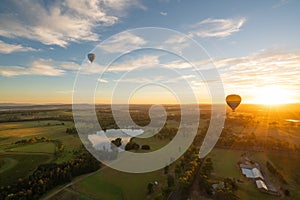 Balloons over vineyards in Pokolbin wine region at sunrise, Hunter Valley, NSW, Australia