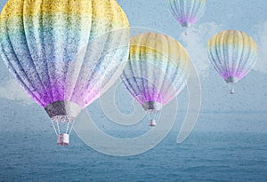 Balloons over watercolor sea landscape paper grunge background