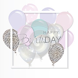 Balloons in paper cut out frame. Birthday and holiday card template. Pastel pinl and silver glitter.