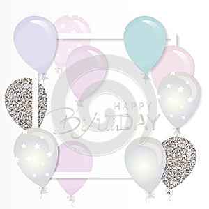 Balloons in paper cut out frame. Birthday and holiday card template. Pastel pinl and silver glitter.