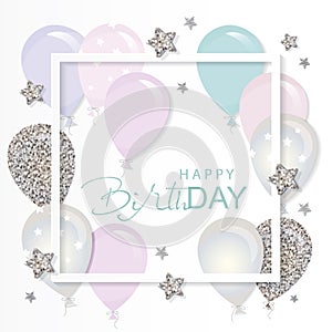 Balloons in paper cut out frame with glitter stars. Birthday and holiday card template.