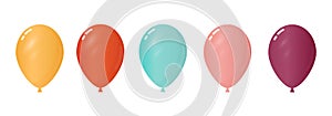 Balloons in pink, blue, yellow, purple and orange on an isolated white background. Illustration of festive cartoon