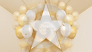 Balloons and ribbon golden on shape star line. paper cut style and realistic element. luxury background. birthday card.