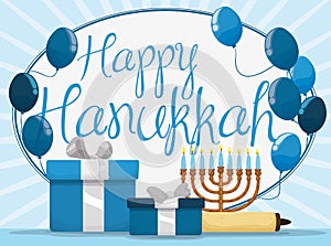 Balloons, Scroll, Chanukiah and Gifts for Hanukkah Celebration, Vector Illustration