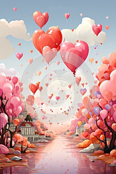 Balloons in the shape of a heart are flying in the park. A postcard for Valentine's day