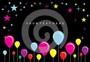 Balloons, stars with birthday black background template vector