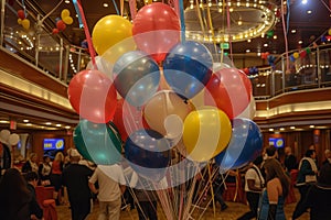 balloons and streamers decorating ships main hall, people mingling