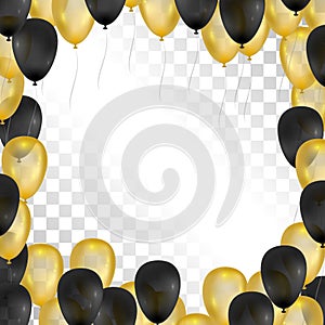 Balloons on transparent background. Gold and black frame. Vector illustration