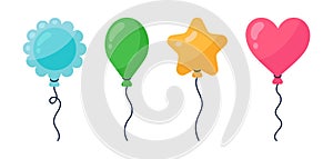 Balloons vector set. Colorful rubber toys of various shapes - star, heart, ball, flower. Flying surprise for a party, birthday,