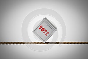 Ballot box balances on a rope demonstrating Election risk. 3D illustration.