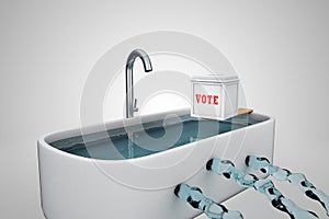 Ballot box on a bathtub holes demonstrating Election risk. 3D illustration.