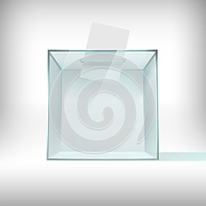 Ballot box. Glass transparent voting container with falling ballot paper. Survey plastic case, usa 2020 president election 3d