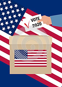 Ballot box for voting in US election. A hand in jacket puts an envelope in ballot box. On paper checkmark and text Vote 2020.