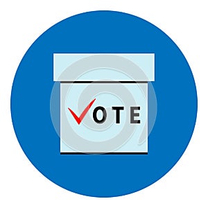 Ballot box with word VOTE on blue circle backdrop