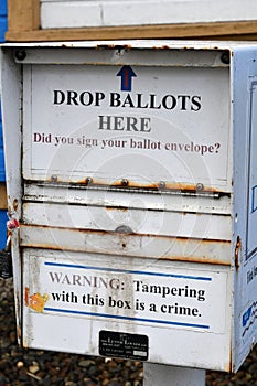 Ballot Drop Box, Detail, Tampering with this box is a crime.